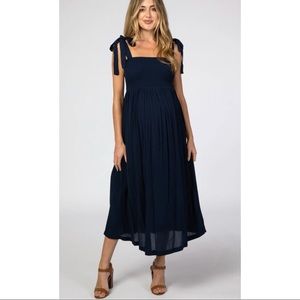 Pink Blush navy blue smocked tie strap maternity midi dress